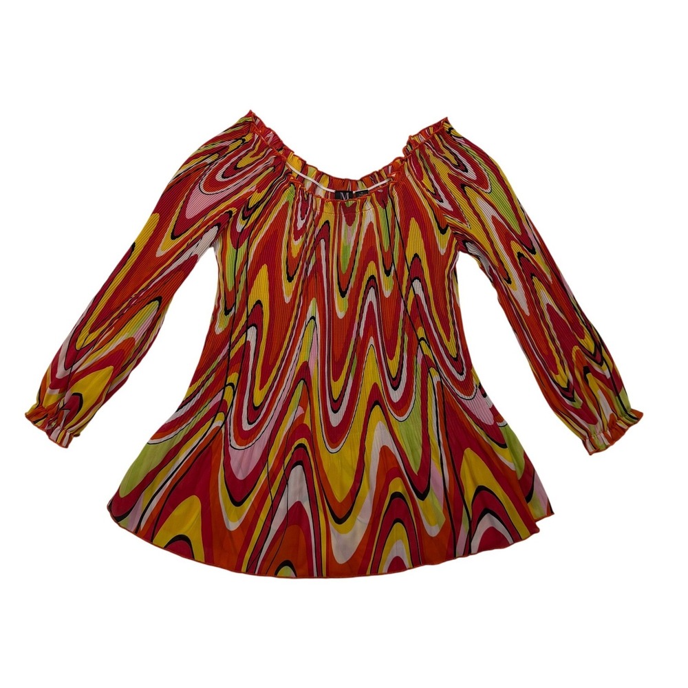 Y2K Milano Psychedelic Swirl Pleated Tunic Top Off Shoulder Medium